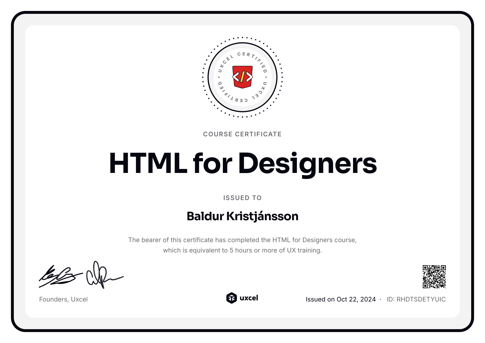 Baldur Kristjánsson's certificate